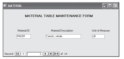 The figure that follows shows a single table form for the MATERIAL table, which is in the...