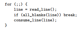Consider a midtest loop, here written in C, that looks for blank lines in its input: Show how you...