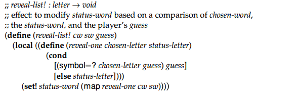 Consider the following variant of reveal-list!: It changes the state variable status-word to a value...