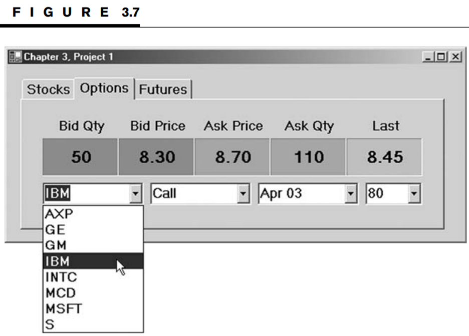 Create a graphical user interface like the one pictured in Figure 3.7. Use a tab control with three...