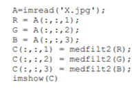 Find a color image X with noise, and run the following Matlab code to remove the noise from the...