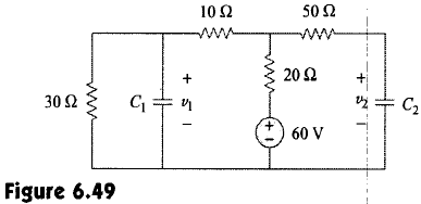 Find the voltage across the capacitors in the circuit of Fig. 6.49 under dc conditions.