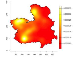 Using the total x- and y-range of the study region, use kde2d from the MASS package to calculate a...