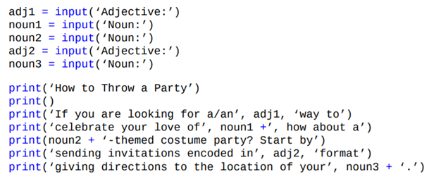 Write a function that implements your Mad Lib from Exercise 1.3.22, and then write a complete...-2