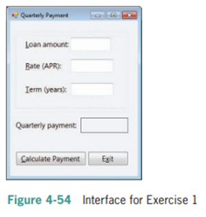 In this exercise, you create an application that calculates and displays the quarterly payment on a...