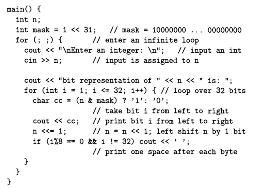 Write a program that outputs the bit representation of an integer. On a computer with sizeoj(int) =...