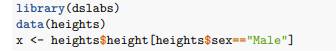 Load the height data set and create a vector x with just the male heights: What proportion of the...