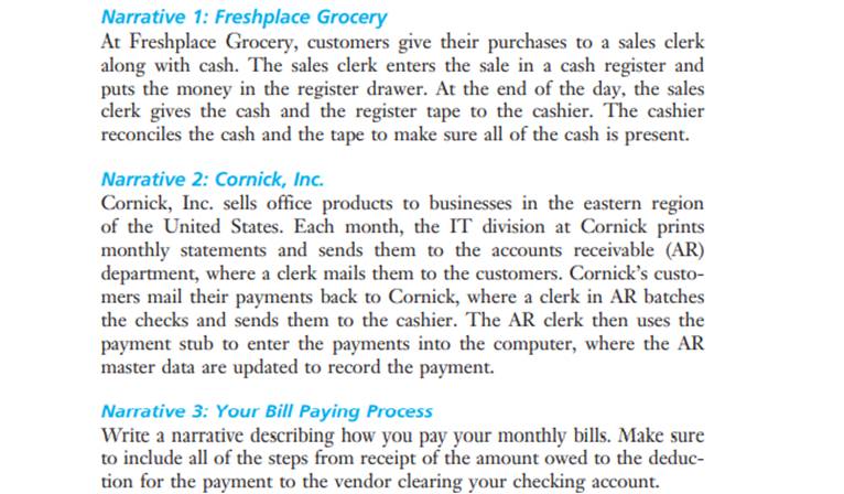 Use the narrative(s) on pg. 136, as selected by your instructor, to prepare a table of entities and...