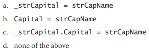 A class contains a Private variable named _strCapital. The variable is associated with a Public...