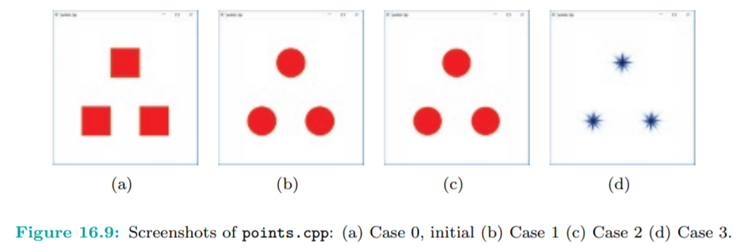 Run points.cpp. Drawn are three large points. Press the right and left arrow keys to cycle between...