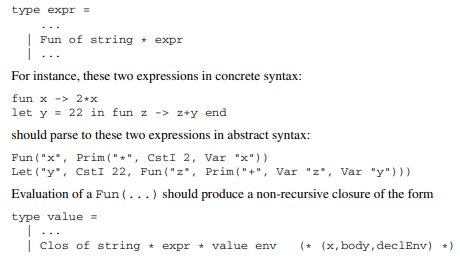 Add anonymous functions, similar to F#’s fun x -> ..., to the micro-ML higher-order functional...