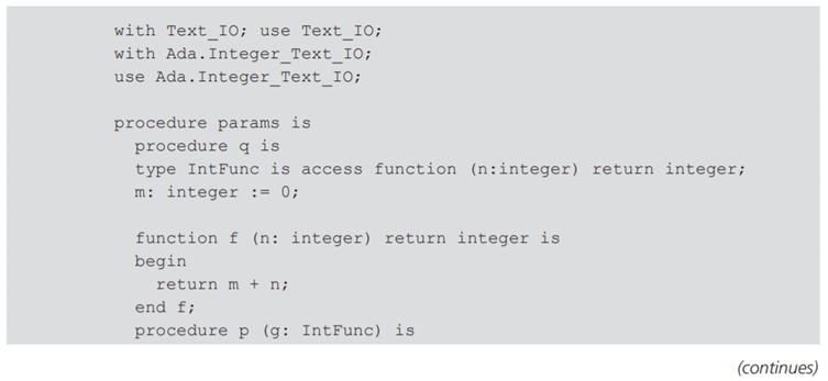 The following Ada program contains a function parameter. (a) Draw the stack of activation records...-1