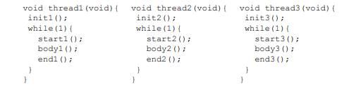 Consider a problem of running three foreground threads using a preemptive scheduler with semaphore...