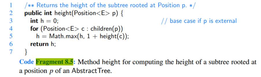 What is the running time of a call to T.height(p) when called on a position p distinct from the root...