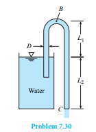 Th e discharge in the siphon is 2.5 cfs, D = 7 in., L1 = 4 ft , and L2 = 5 ft . Determine the head...