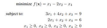 Identify working sets of active constraints at vertexx = [3 0 0 0]T for the LP problem