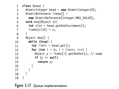 Fig. 5.17 shows a FIFO queue implemented with read, write, getAndSet() (that is, swap) and...