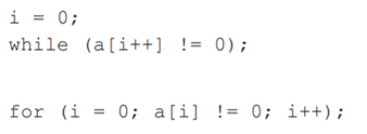 C++ and Java loops are often written with empty bodies by placing all side effects into the tests,...