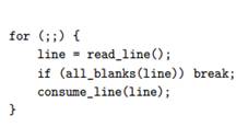 Consider a mid-test loop, here written in C, that looks for blank lines in its input: Show how you...