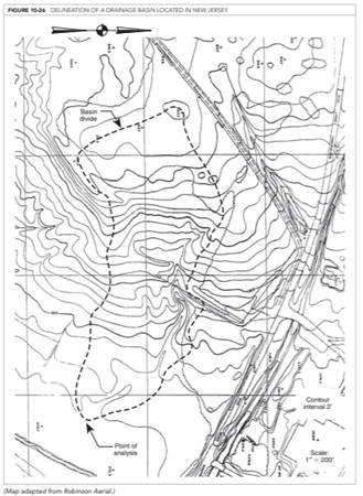 Calculate peak runoff using the Rational Method for the drainage basin shown in Figure 10-26 for a...-1