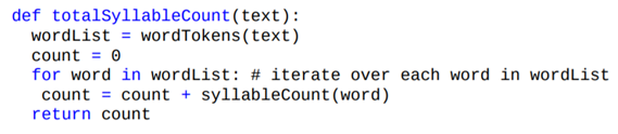 Add the function to your textlib module. The function should use your totalSyllableCount function...-5