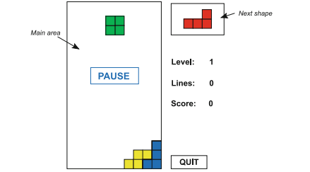 Write a program to draw the interface of the Game of Tetris, as shown in Fig. The game involves...