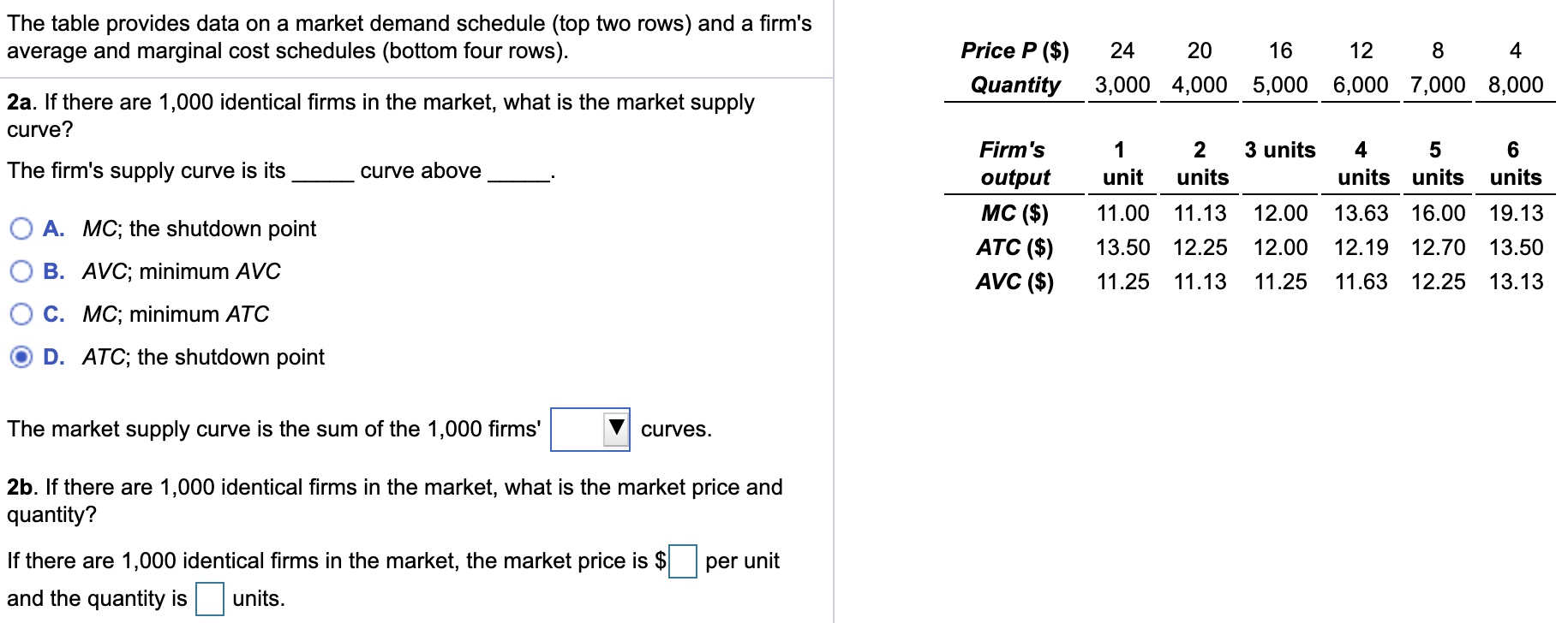 The table provides data on a market demand schedule (top two rows) and a firm's average and...