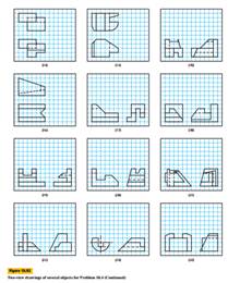 Given the two views of a multiview drawing of an object, sketch or draw the given views, freehand or...-2