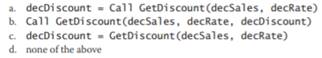 Which of the following statements invokes the GetDiscount function, passing it the contents of two...