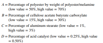 An article in the Journal of Coatings Technology (1988, Vol. 60, pp. 27–32) described a 24 factorial...-1