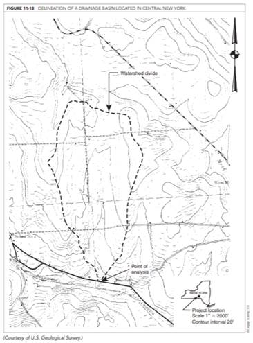 Calculate peak runoff using the NRCS Method for the watershed shown in Figure 11-18 for a 50-year...-1