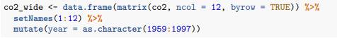 Run the following command to define the co2_wide object: Use the gather function to wrangle this...