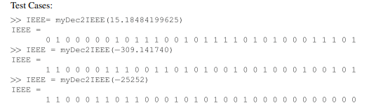 Write a function with header [IEEE] = myDec2IEEE(d), where d is a number in decimal and IEEE a 1 ×...