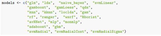 Use the mnist_27 training set to build a model with several of the models available from the caret...