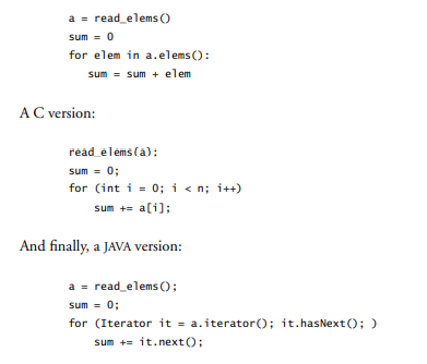 Consider the following three pieces of code, which sum up the elements in an array a[]. First, a...