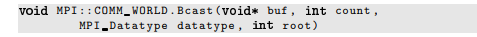 The MPI “broadcast” function has prototype This function provides more immediate communication...