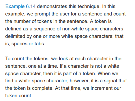 Alter Example 6.14 that counts the tokens in a sentence so that it prints each token and counts the...