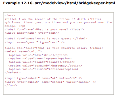 Example 17.16 is an XHTML [w3c] fragment that contains three different kinds of input widgets and...