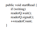 Section 4.5.1 shows an SU monitor solution for strategy R>W.1 of the readers and writers problem....