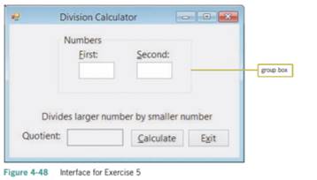 Create an application that displays the result of dividing the larger of two numbers entered by the...