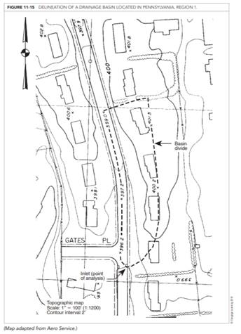 Calculate peak runoff using the Rational Method for the drainage basin shown in Figure 11-15 for a...