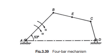 The crank AB of a four-bar mechanism shown in Fig.3.39 rotates with an angular speed of 100 rad/s...