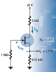 Given the measurement VS = 1.7 V for the network of Fig. 82, determine: a. IDQ. b. VGSQ. c. IDSS. d....