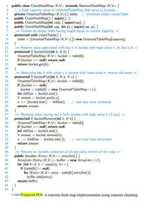 Consider lines 31–33 of Code Fragment 10.8 in our implementation of the class ChainHashMap. We use...-2