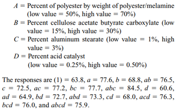 Construct a 2IV 41 design for the problem in Exercise 7-60. Select the data for the eight runs that...-1