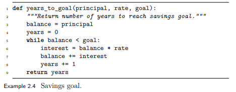 What does the years_to_goal() function in Example 2.4 return if it is called with a goal less than...