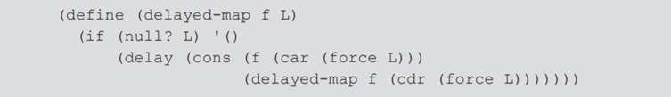 (From Abelson and Sussman [1996]) Define a delayed version of the map function from Section 3.2.6 as...-1