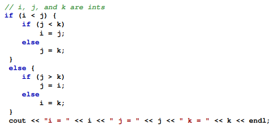 Consider the following section of C++ code: What will the code print if the variables i, j, and k...