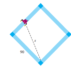 A baseball diamond is a square, 90 feet on a side. A runner runs from second base to third at 20...