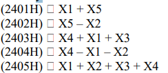 Five memory locations 2401H, 2402H, 2403H, 2404H, and 2405H have some data items called X1, X2, X3,...